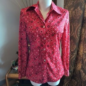 Vintage 70s Mr. Mench Red Collared Top Tulips Floral Bandana Shirt
